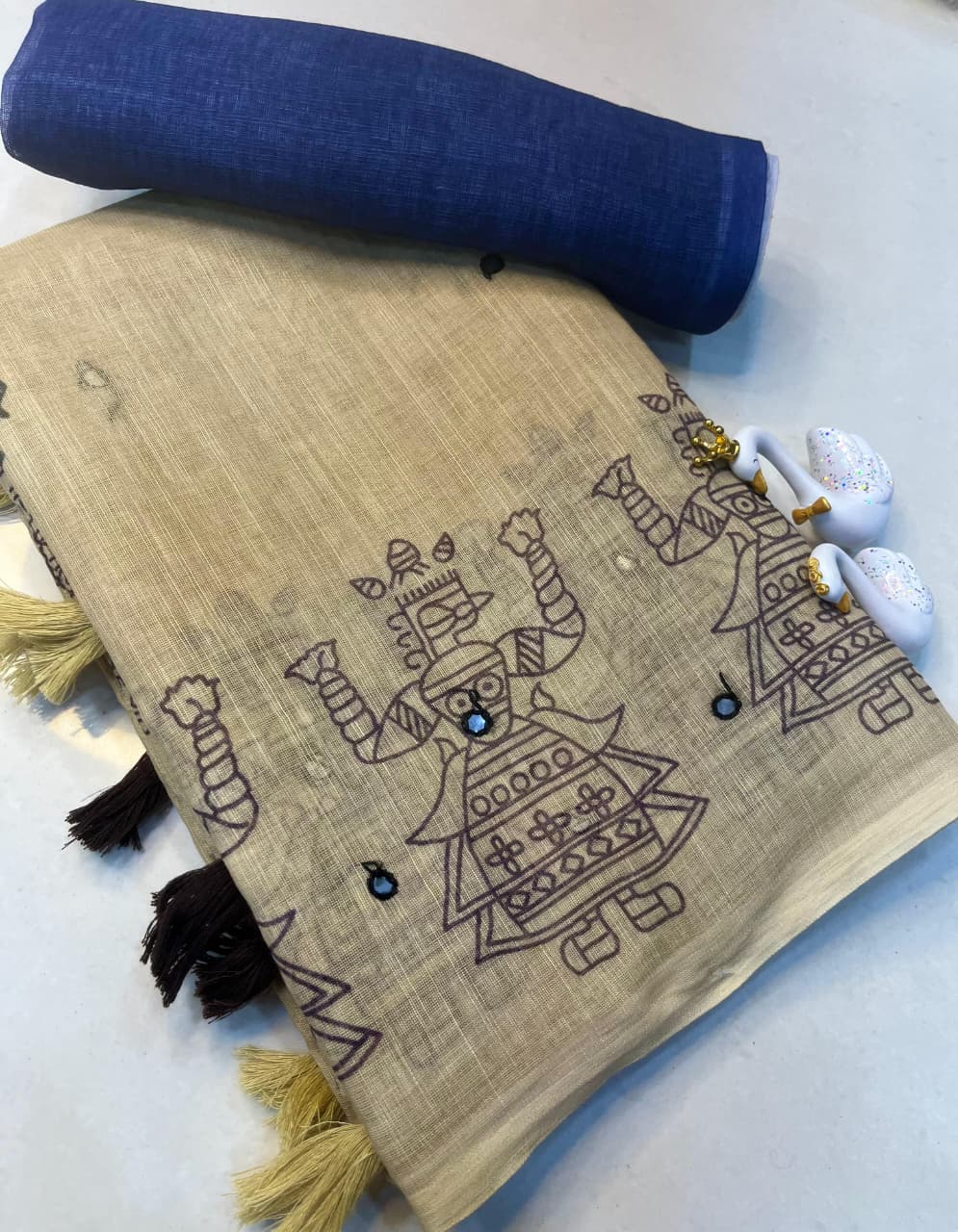 Soft Linen Cotton Saree with Aari Mirror Work & Tassled Pallu – Premium New Arrival