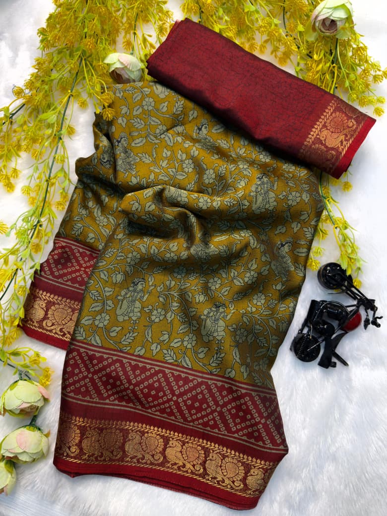 Soft Black Dola Silk Saree with Pen Kalamkari Design & Contrast Zari Woven Hamsa Borders – Artistic Luxury for Ethnic Styling