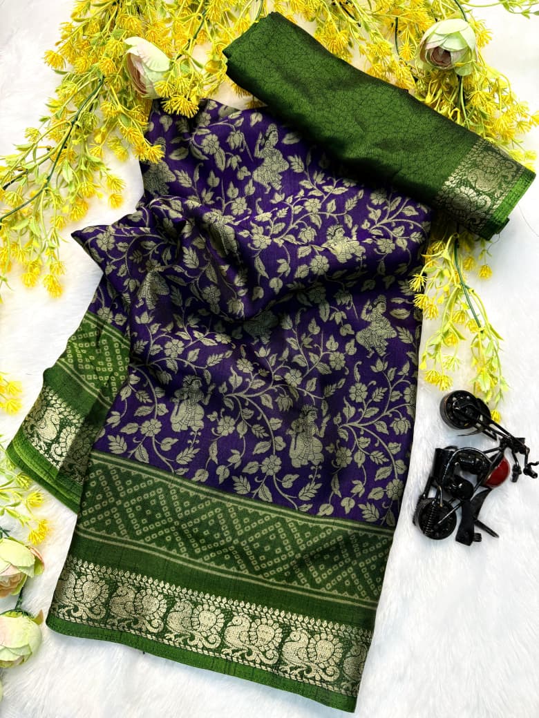 Soft Black Dola Silk Saree with Pen Kalamkari Design & Contrast Zari Woven Hamsa Borders – Artistic Luxury for Ethnic Styling