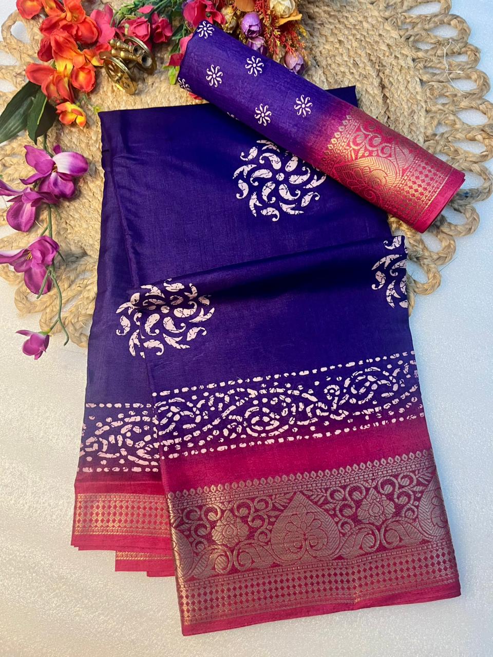 Soft Dola Silk Saree with Kalamkari Print & Jacquard Border – Artistic Elegance for Boutique Displays & Festive Gifting