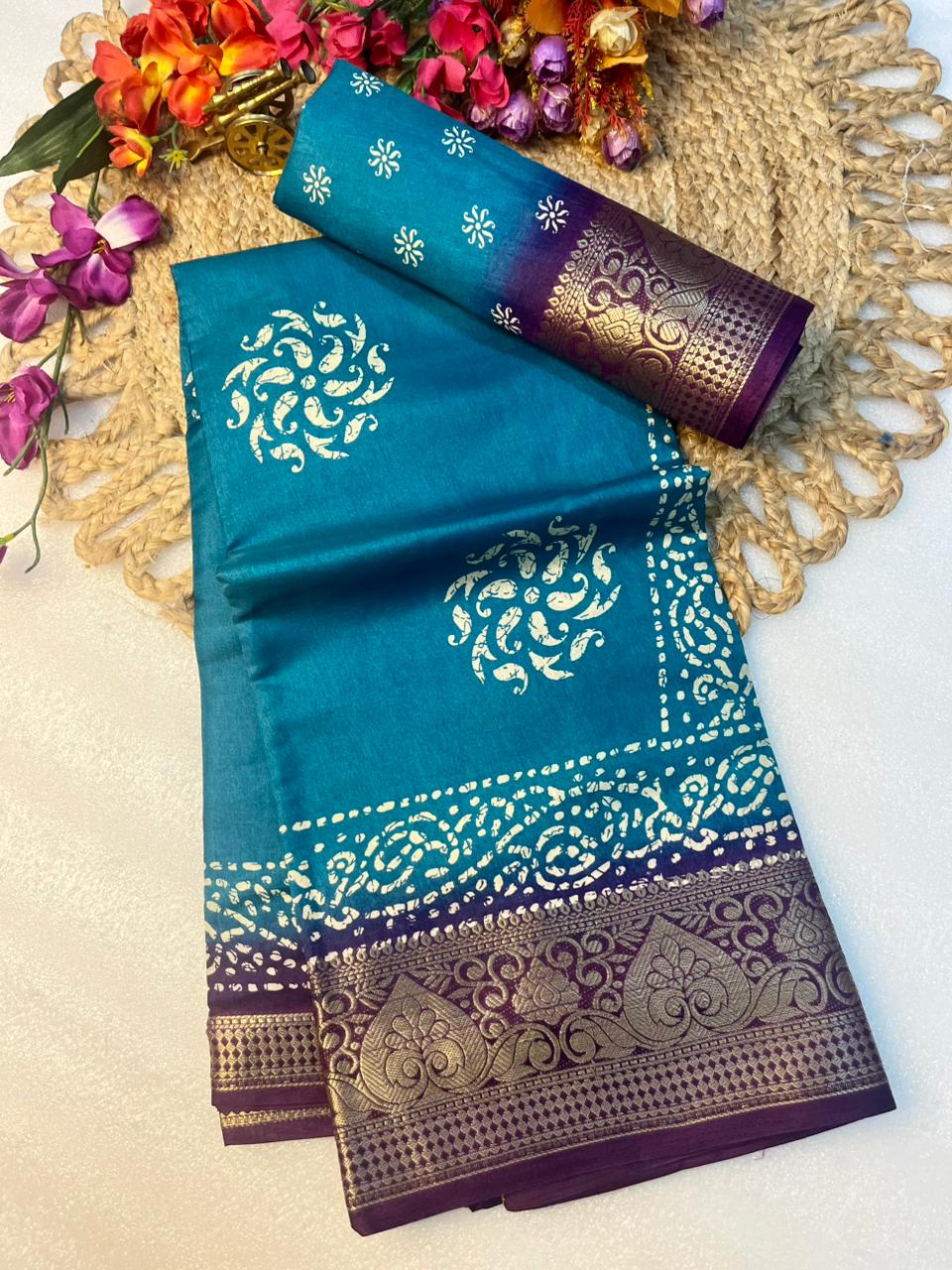 Soft Dola Silk Saree with Kalamkari Print & Jacquard Border – Artistic Elegance for Boutique Displays & Festive Gifting