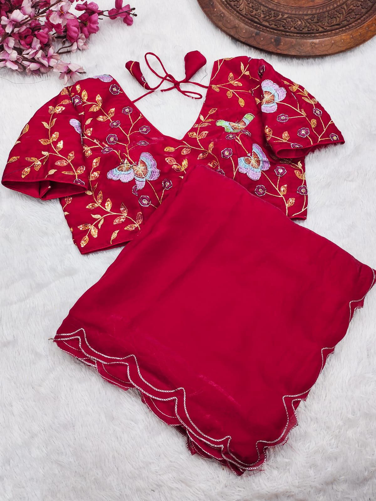 Fendy Satin Designer Saree with Double Arca & Jari Cut Work + Val Moti Blouse – Glamorous Statement for Sangeet & Cocktail Nights