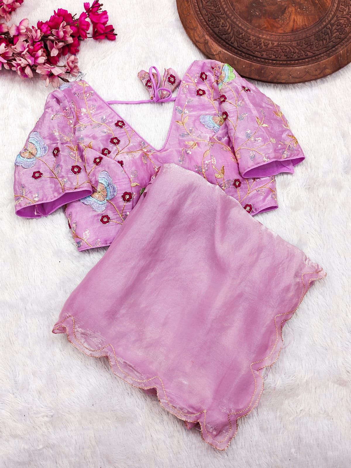 Fendy Satin Designer Saree with Double Arca & Jari Cut Work + Val Moti Blouse – Glamorous Statement for Sangeet & Cocktail Nights