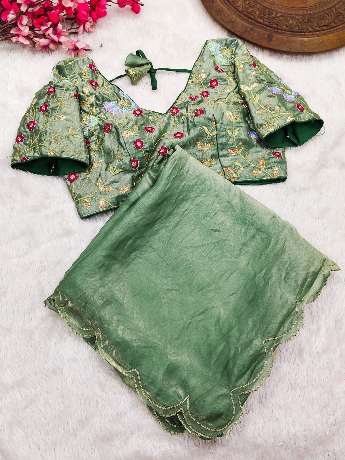 Fendy Satin Designer Saree with Double Arca & Jari Cut Work + Val Moti Blouse – Glamorous Statement for Sangeet & Cocktail Nights