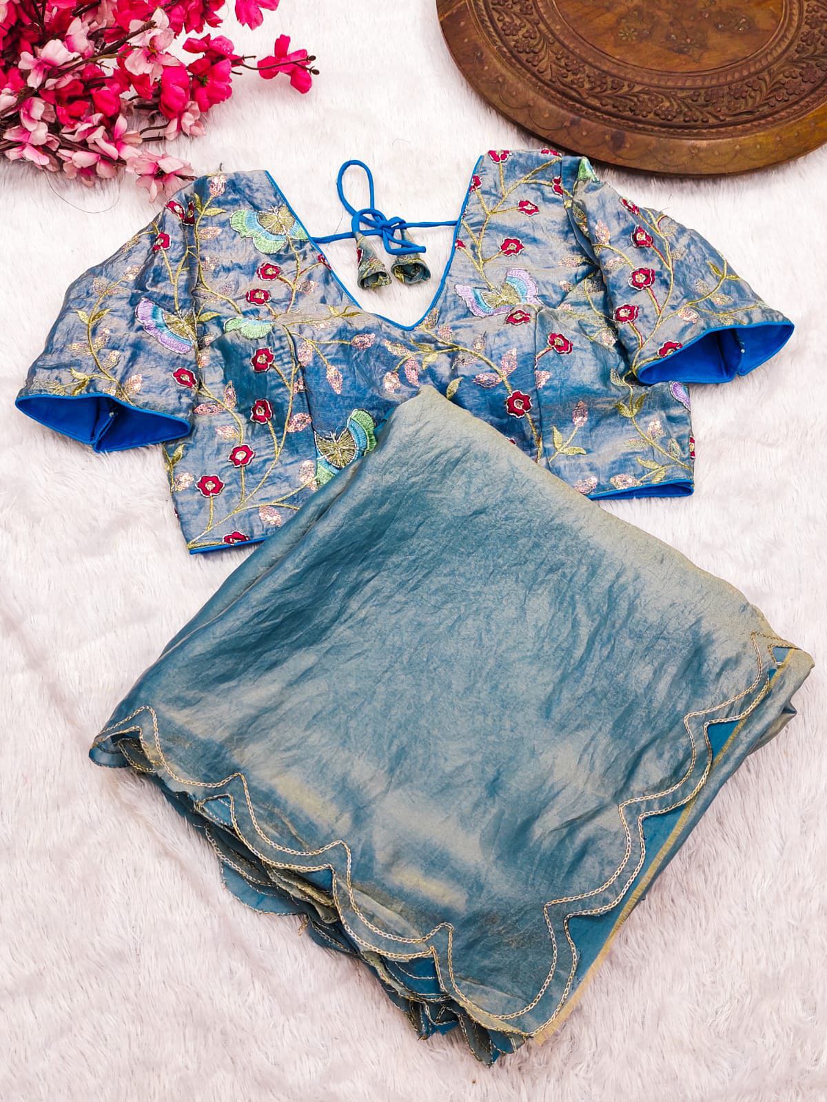 Fendy Satin Designer Saree with Double Arca & Jari Cut Work + Val Moti Blouse – Glamorous Statement for Sangeet & Cocktail Nights