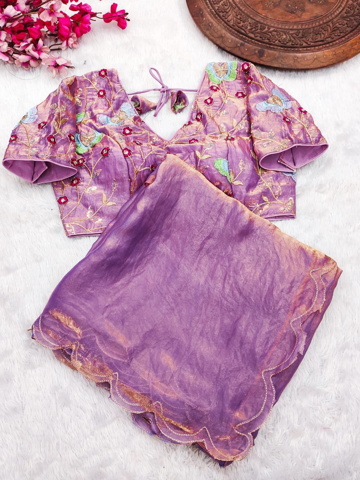 Fendy Satin Designer Saree with Double Arca & Jari Cut Work + Val Moti Blouse – Glamorous Statement for Sangeet & Cocktail Nights