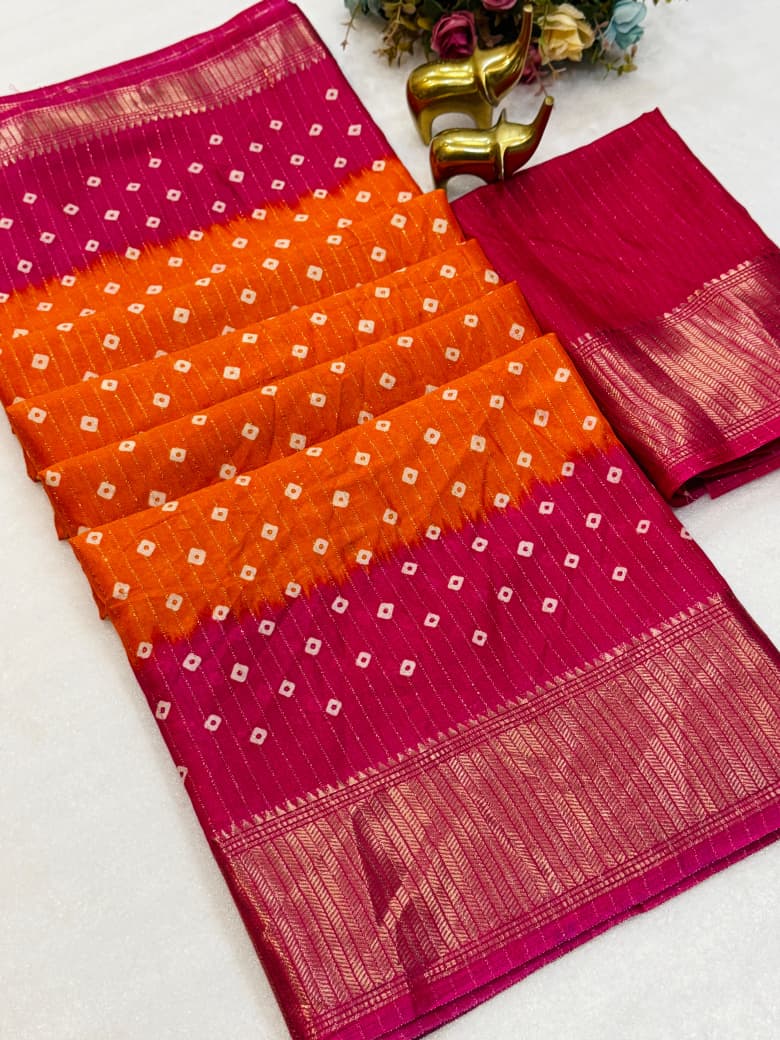 Premium Dola Rekko Zari Saree with All-Over Bandhani Print & Rich Zari Border – Vibrant Festive Collection for Boutique Display