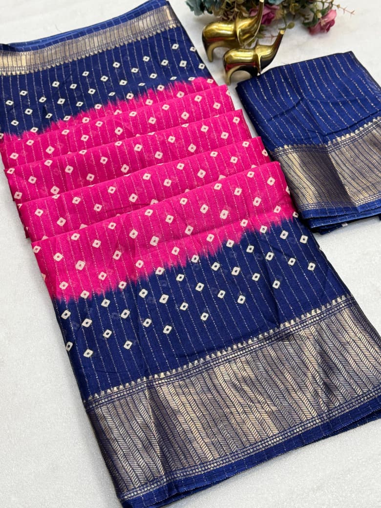 Premium Dola Rekko Zari Saree with All-Over Bandhani Print & Rich Zari Border – Vibrant Festive Collection for Boutique Display