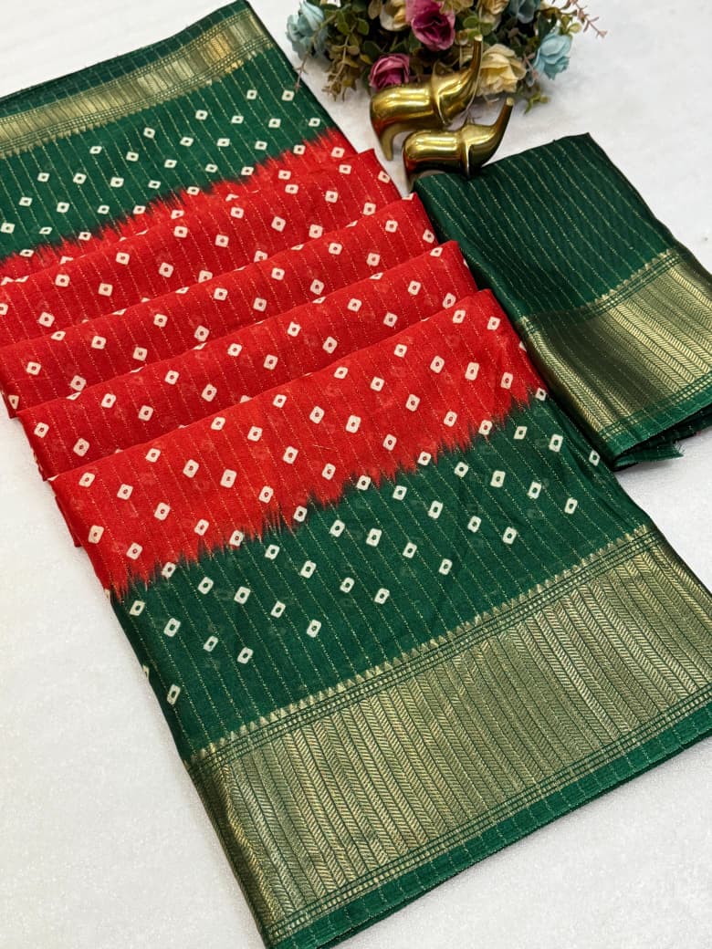 Premium Dola Rekko Zari Saree with All-Over Bandhani Print & Rich Zari Border – Vibrant Festive Collection for Boutique Display