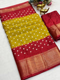 Premium Dola Rekko Zari Saree with All-Over Bandhani Print & Rich Zari Border – Vibrant Festive Collection for Boutique Display