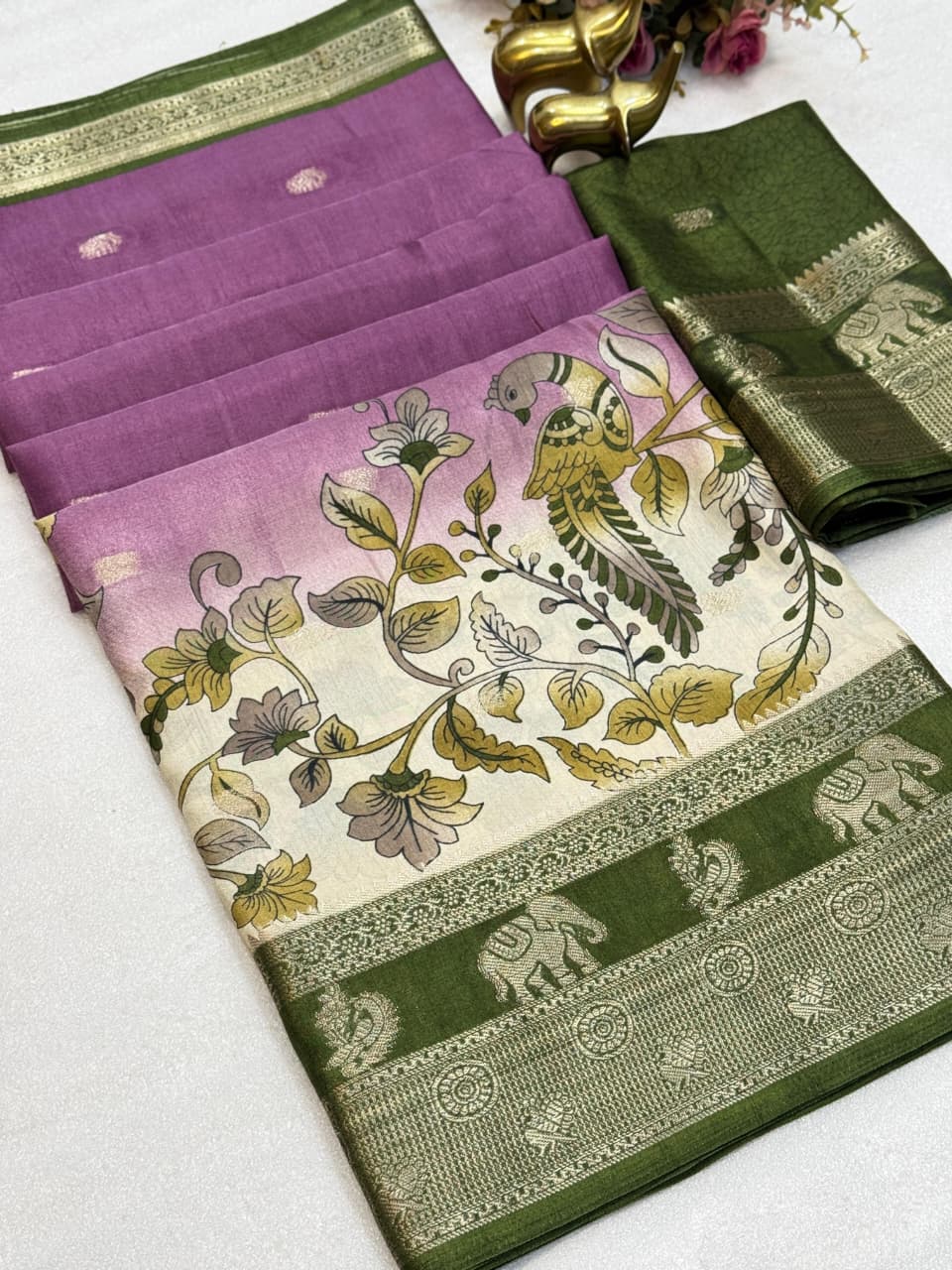 Soft Dola Kalamkari Print Saree with Elephant & Peacock Weaving + Jacquard Butti Border – Artistic Grandeur for Boutique Premiums