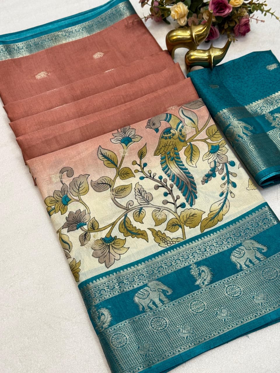 Soft Dola Kalamkari Print Saree with Elephant & Peacock Weaving + Jacquard Butti Border – Artistic Grandeur for Boutique Premiums