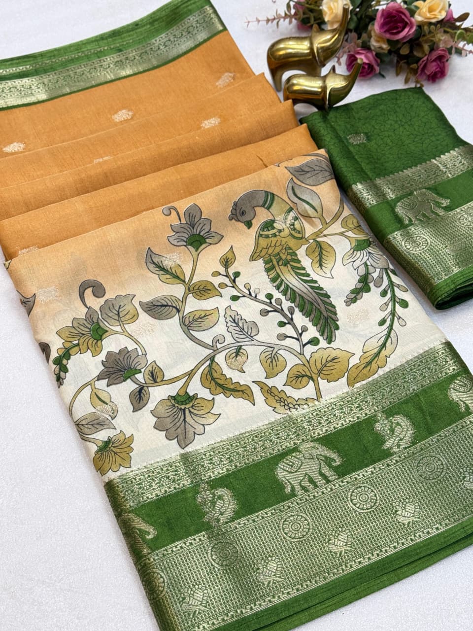Soft Dola Kalamkari Print Saree with Elephant & Peacock Weaving + Jacquard Butti Border – Artistic Grandeur for Boutique Premiums