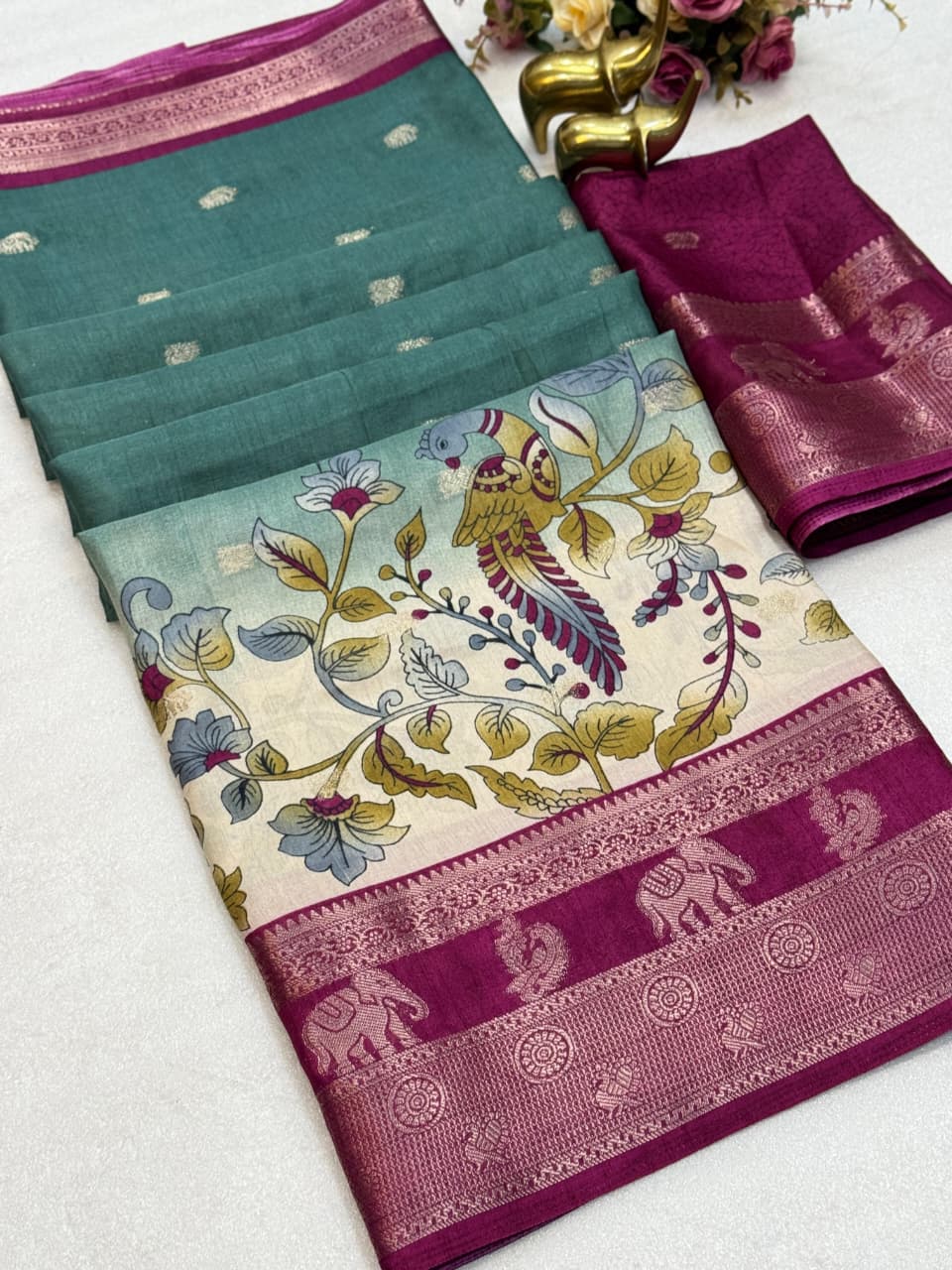 Soft Dola Kalamkari Print Saree with Elephant & Peacock Weaving + Jacquard Butti Border – Artistic Grandeur for Boutique Premiums