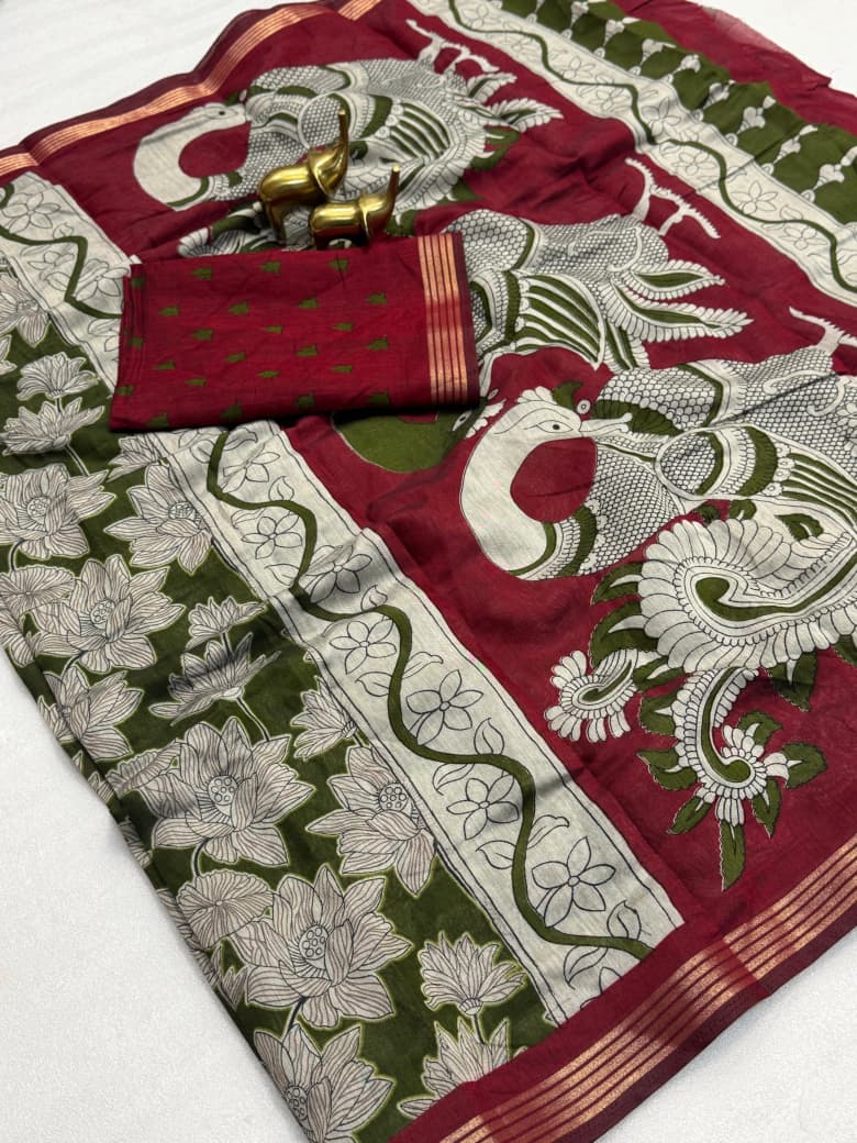 Mangalagiri Silk Saree with All-Over Design, Weaving Border & Kalamkari Pallu – Artistic Elegance for Boutique Displays