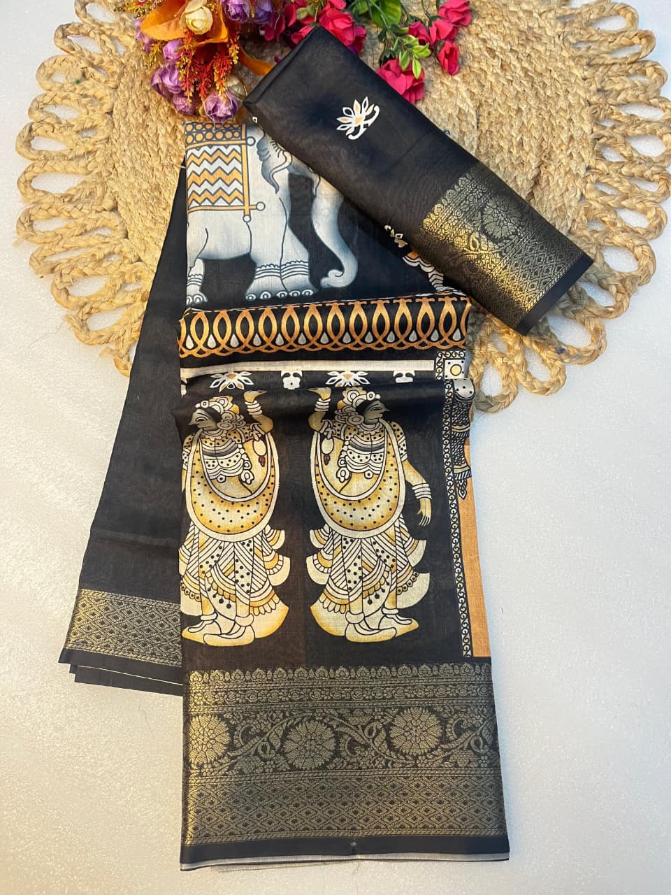 Dola Digital Saree with Kalamkari Print & Jacquard Border – Artistic Luxury for Boutique Bulk Orders