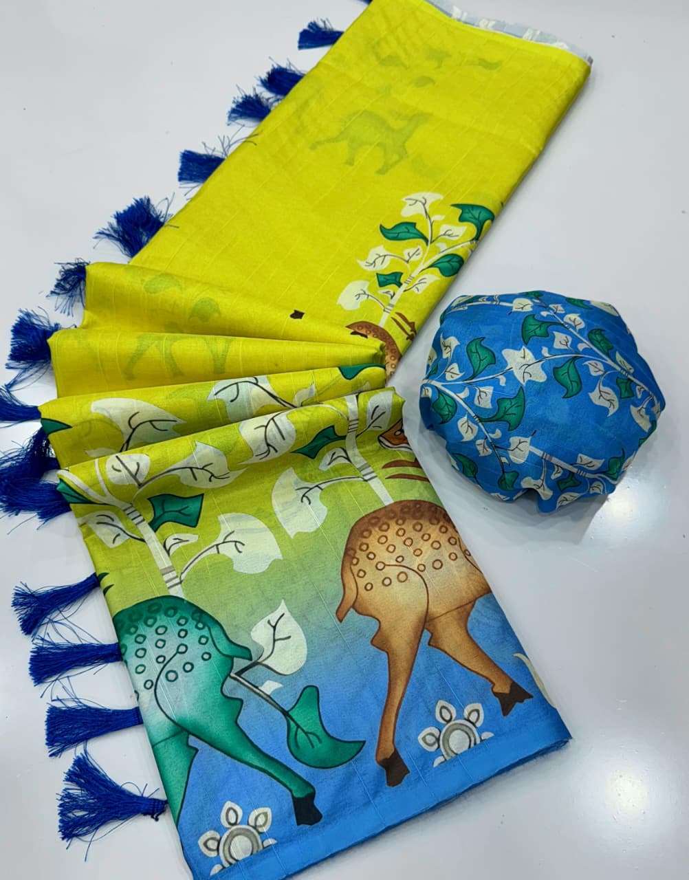 Handloom Tussar Silk Saree with Kalamkari Digital Print & Tassel Pallu – Artistic Luxury for Boutique Bulk Orders