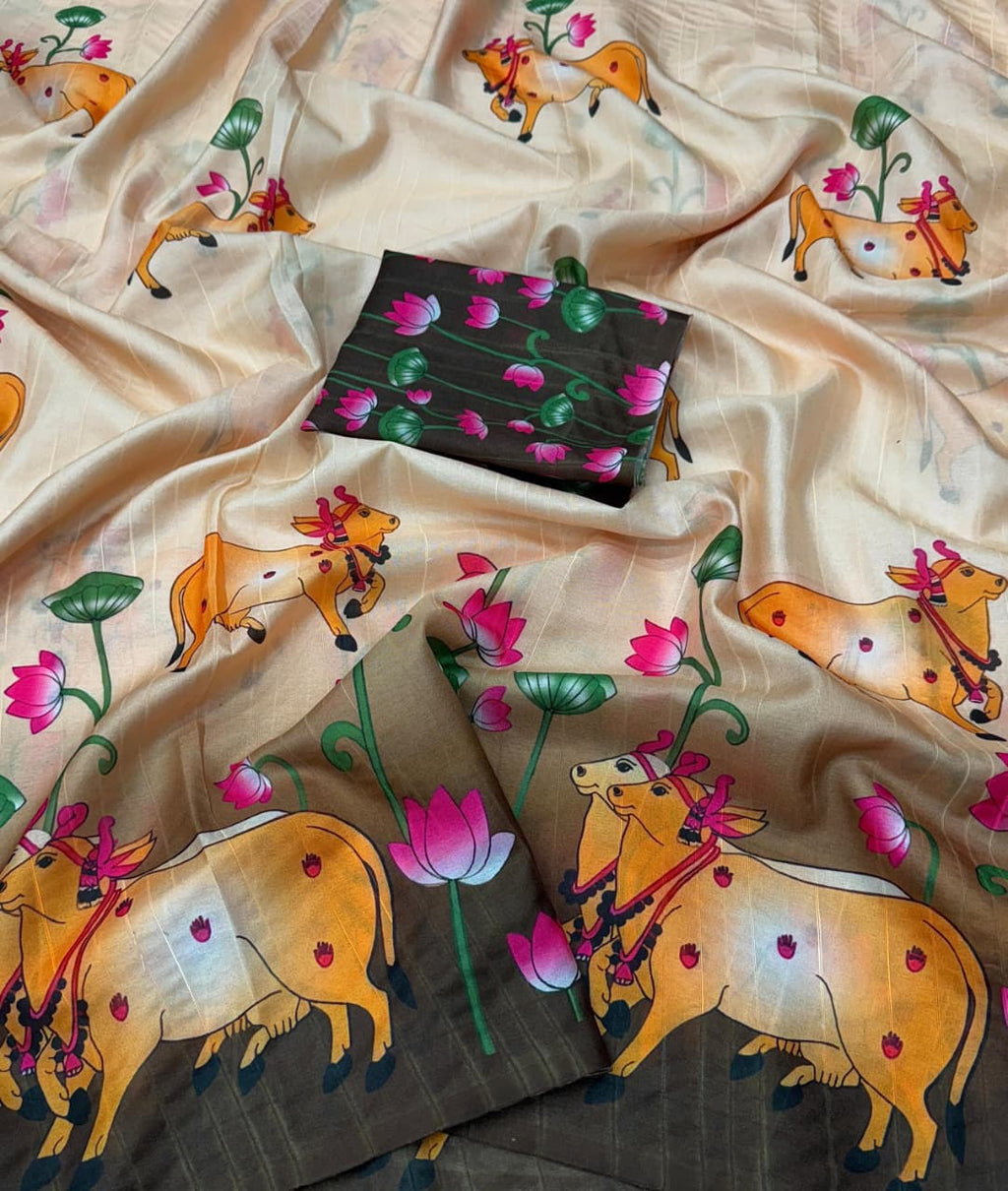 Handloom Tussar Silk Saree with Kalamkari Digital Print & Tassel Pallu – Artistic Luxury for Boutique Bulk Orders