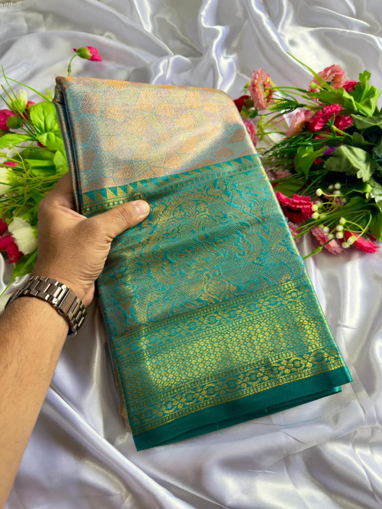 Bridal Pattu Tissue Silk Saree with Rich Pallu & Designer Brocade Blouse – Regal Wedding Wear for Boutique Bulk Orders