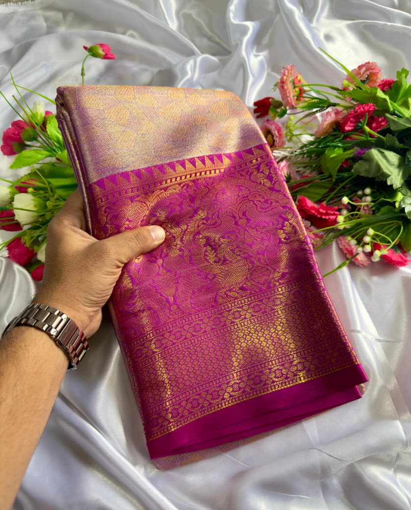 Bridal Pattu Tissue Silk Saree with Rich Pallu & Designer Brocade Blouse – Regal Wedding Wear for Boutique Bulk Orders