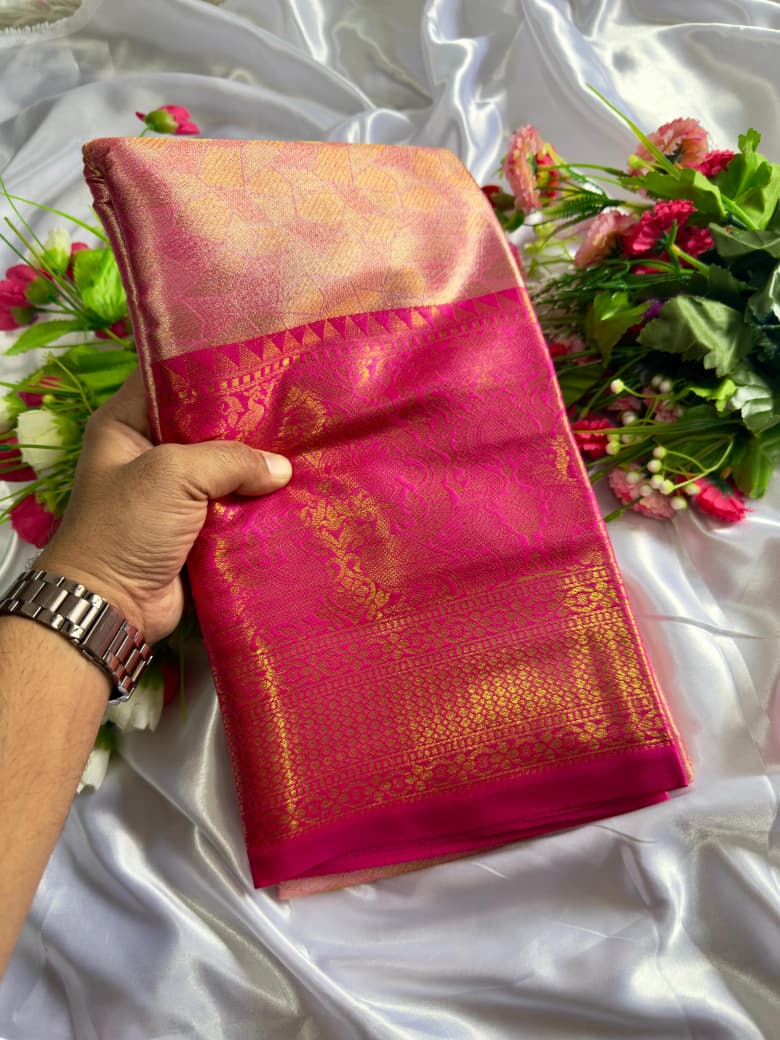 Bridal Pattu Tissue Silk Saree with Rich Pallu & Designer Brocade Blouse – Regal Wedding Wear for Boutique Bulk Orders