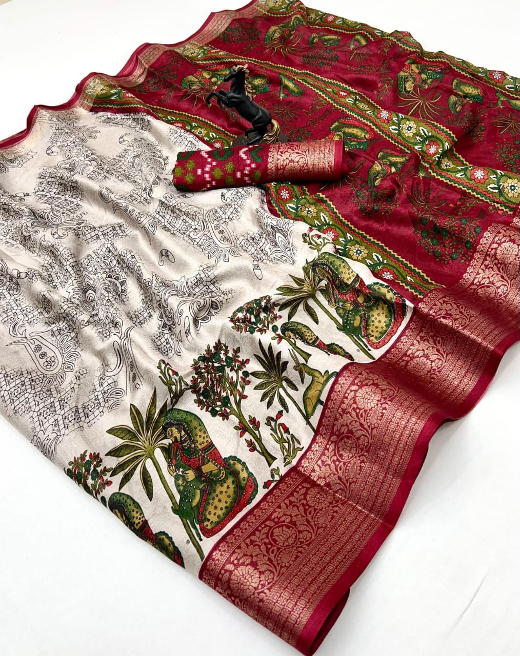 Premium Marshmallow Saree with Madhubani Print & Zari Border – Artistic Heritage for Boutique Bulk Orders