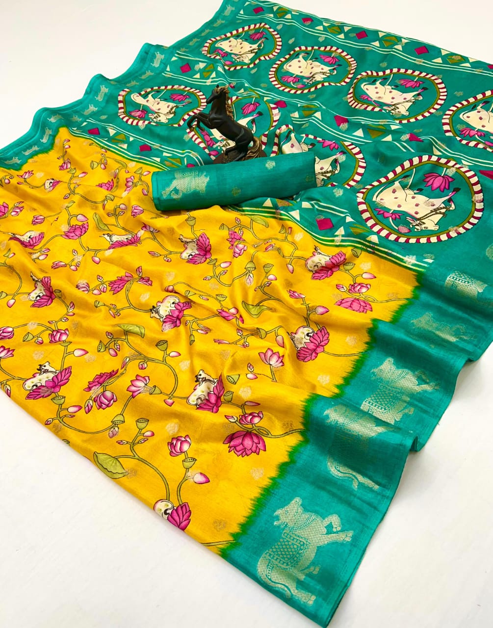 Premium Spice Silk Saree with Kalamkari Cow Motifs & Check Body – Festive Heritage for Boutique Bulk Orders