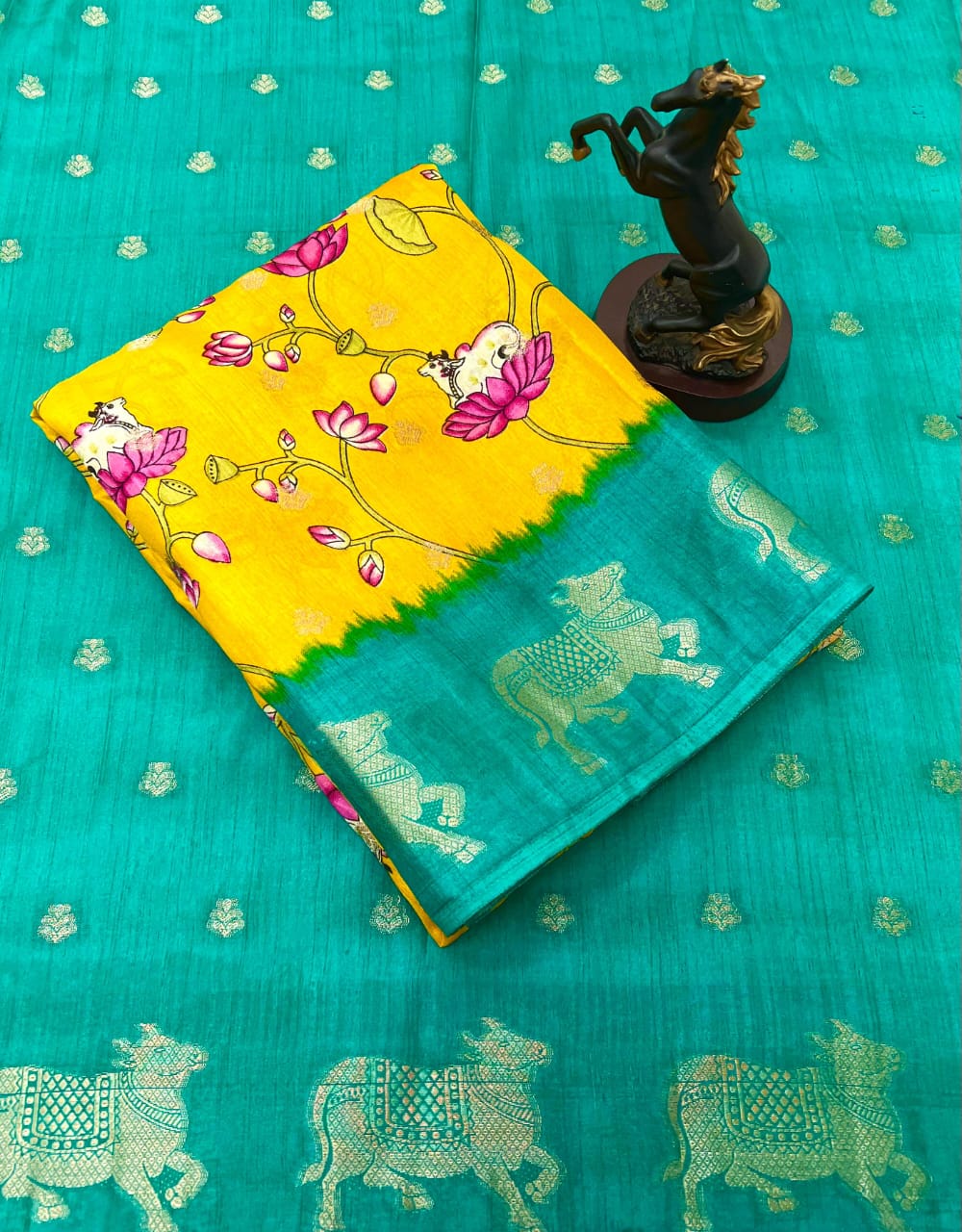 Premium Spice Silk Saree with Kalamkari Cow Motifs & Check Body – Festive Heritage for Boutique Bulk Orders