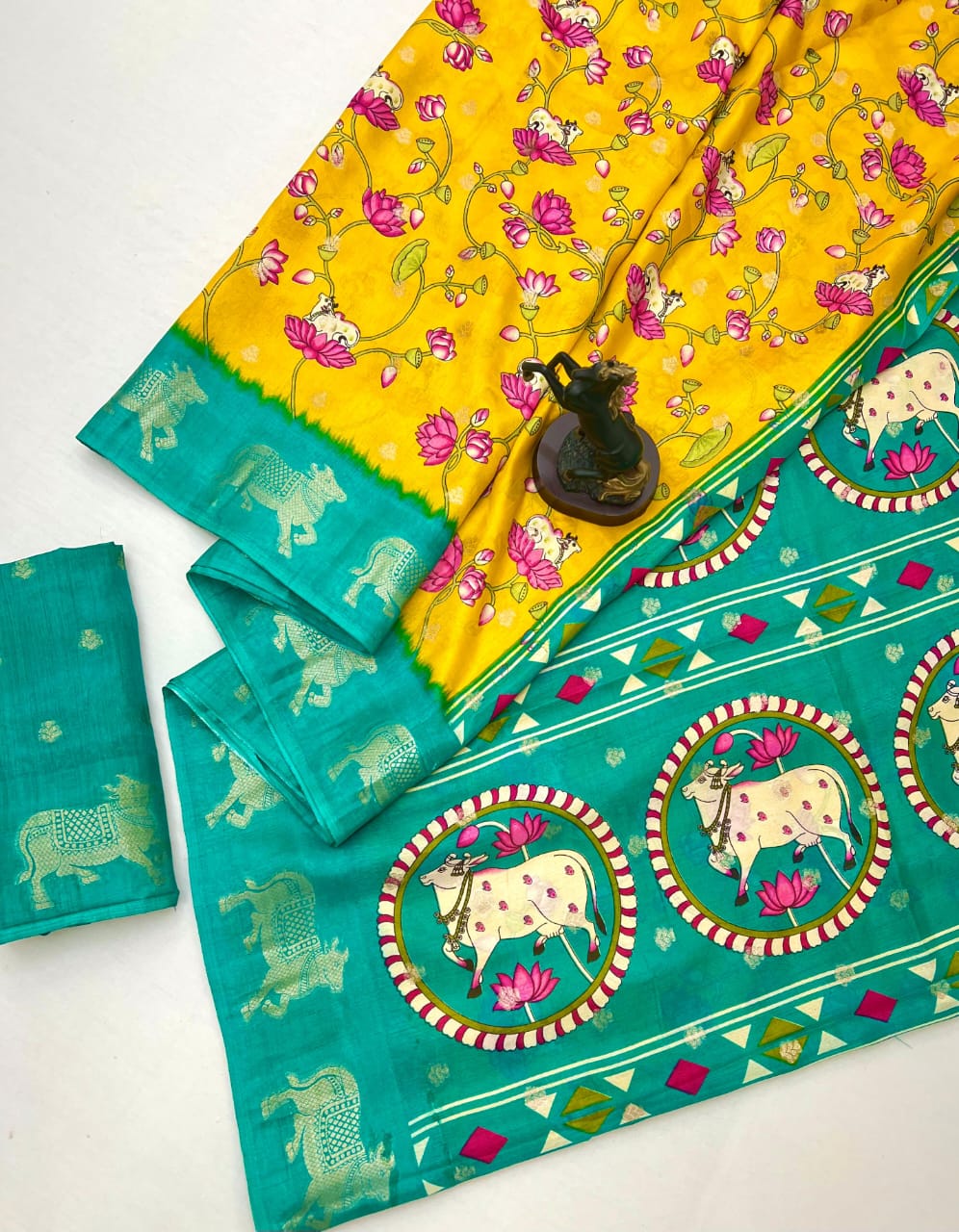 Premium Spice Silk Saree with Kalamkari Cow Motifs & Check Body – Festive Heritage for Boutique Bulk Orders
