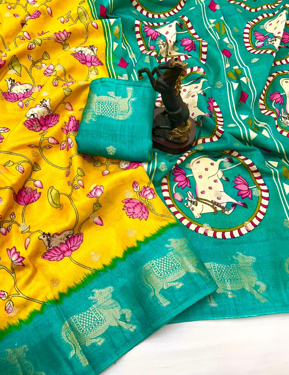 Premium Spice Silk Saree with Kalamkari Cow Motifs & Check Body – Festive Heritage for Boutique Bulk Orders