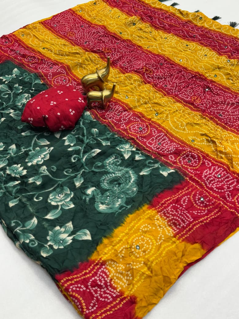 Pure Moss Kalamkari Bandhani Saree with Super Mirror Work & Stylish Jhumka Pallu – Royal Heritage Elegance for Boutique Collections & Festive Gifting