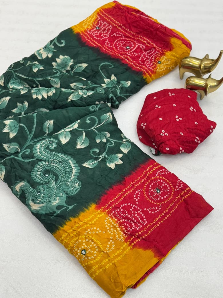 Pure Moss Kalamkari Bandhani Saree with Super Mirror Work & Stylish Jhumka Pallu – Royal Heritage Elegance for Boutique Collections & Festive Gifting