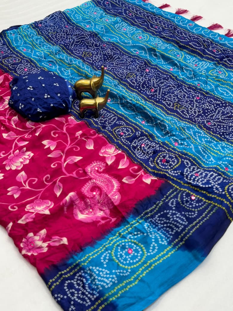 Pure Moss Kalamkari Bandhani Saree with Super Mirror Work & Stylish Jhumka Pallu – Royal Heritage Elegance for Boutique Collections & Festive Gifting