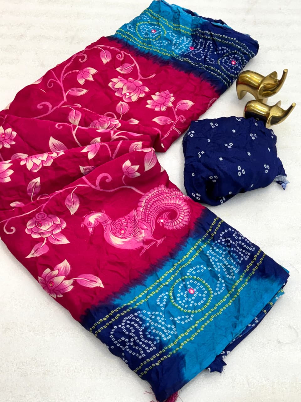 Pure Moss Kalamkari Bandhani Saree with Super Mirror Work & Stylish Jhumka Pallu – Royal Heritage Elegance for Boutique Collections & Festive Gifting