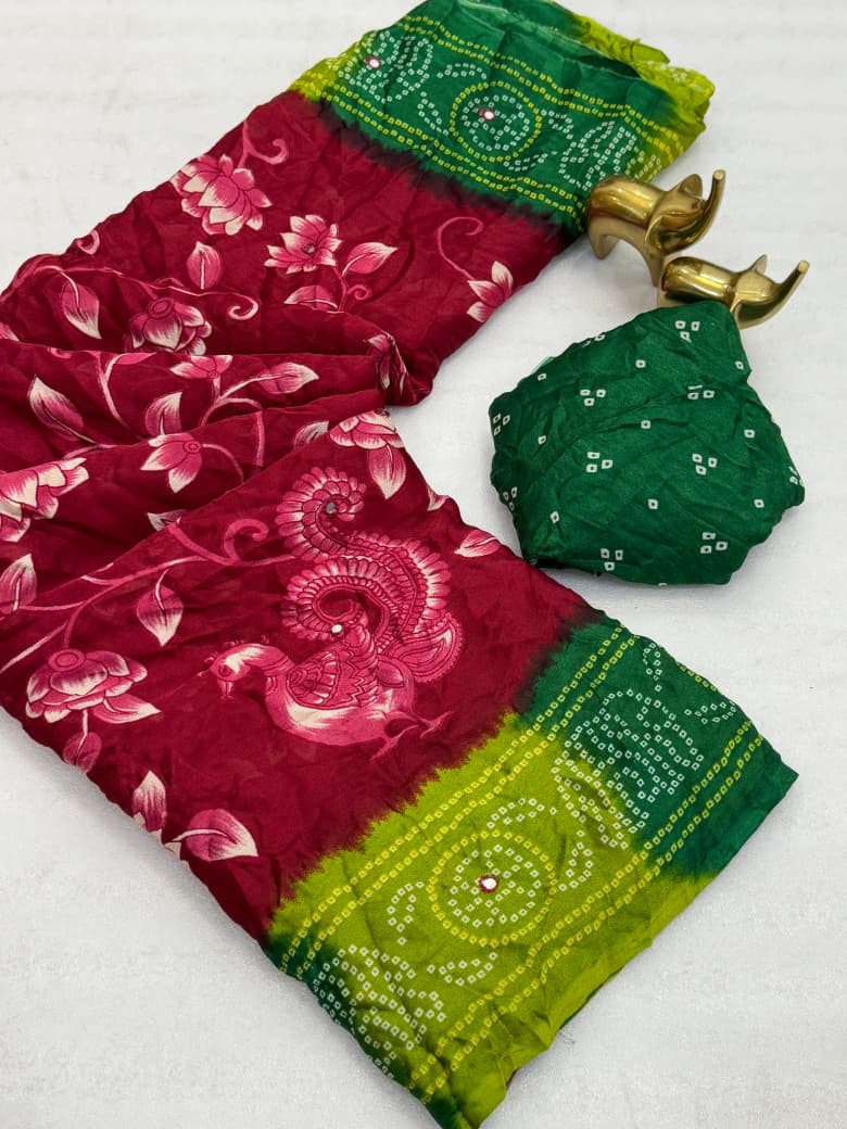 Pure Moss Kalamkari Bandhani Saree with Super Mirror Work & Stylish Jhumka Pallu – Royal Heritage Elegance for Boutique Collections & Festive Gifting