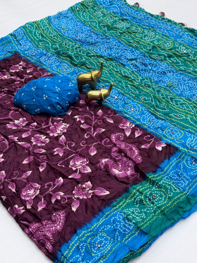 Pure Moss Kalamkari Bandhani Saree with Super Mirror Work & Stylish Jhumka Pallu – Royal Heritage Elegance for Boutique Collections & Festive Gifting