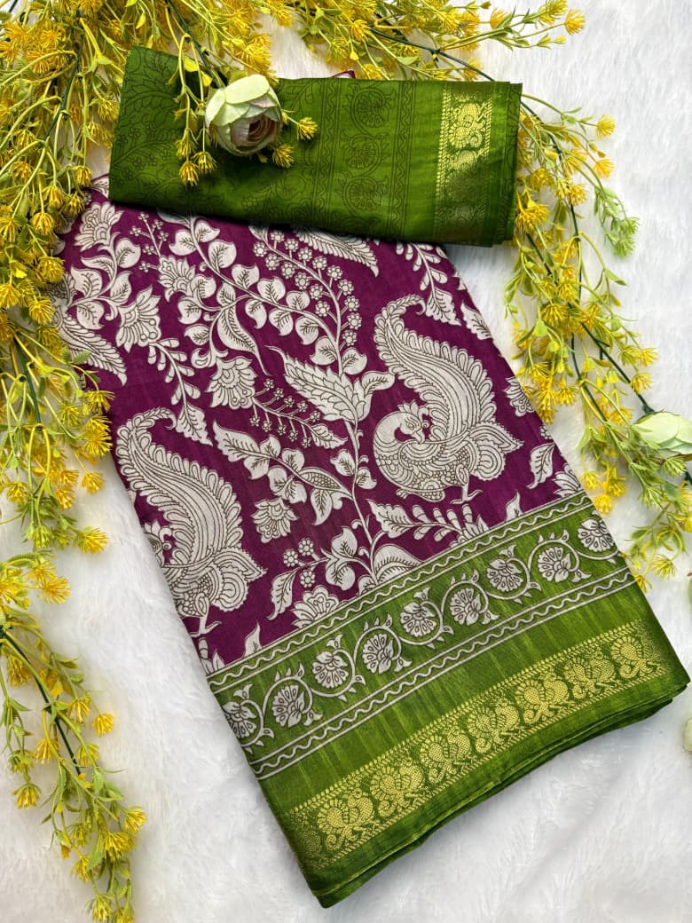 Soft Mulmul Cotton Silk Saree with Pen Kalamkari Design & Contrast Hamsa Zari Border – Elegant Ethnic Wear for Boutique Collections