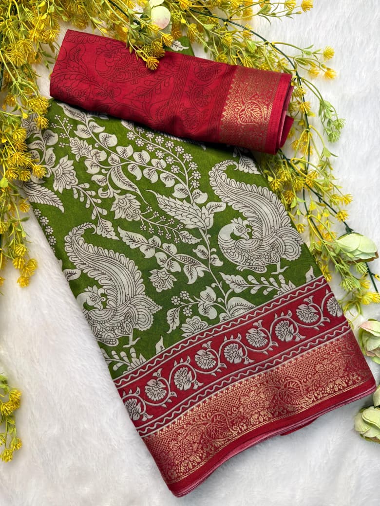 Soft Mulmul Cotton Silk Saree with Pen Kalamkari Design & Contrast Hamsa Zari Border – Elegant Ethnic Wear for Boutique Collections