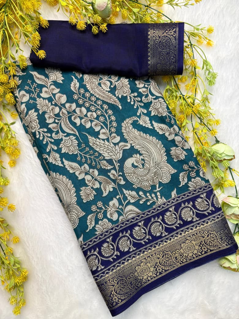 Soft Mulmul Cotton Silk Saree with Pen Kalamkari Design & Contrast Hamsa Zari Border – Elegant Ethnic Wear for Boutique Collections
