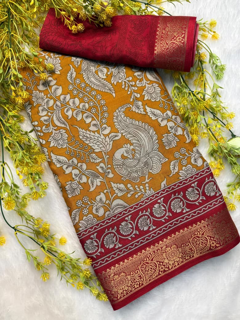 Soft Mulmul Cotton Silk Saree with Pen Kalamkari Design & Contrast Hamsa Zari Border – Elegant Ethnic Wear for Boutique Collections