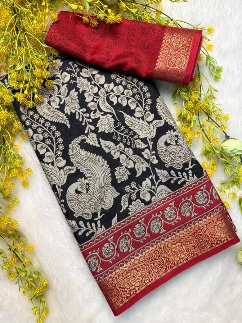 Soft Mulmul Cotton Silk Saree with Pen Kalamkari Design & Contrast Hamsa Zari Border – Elegant Ethnic Wear for Boutique Collections