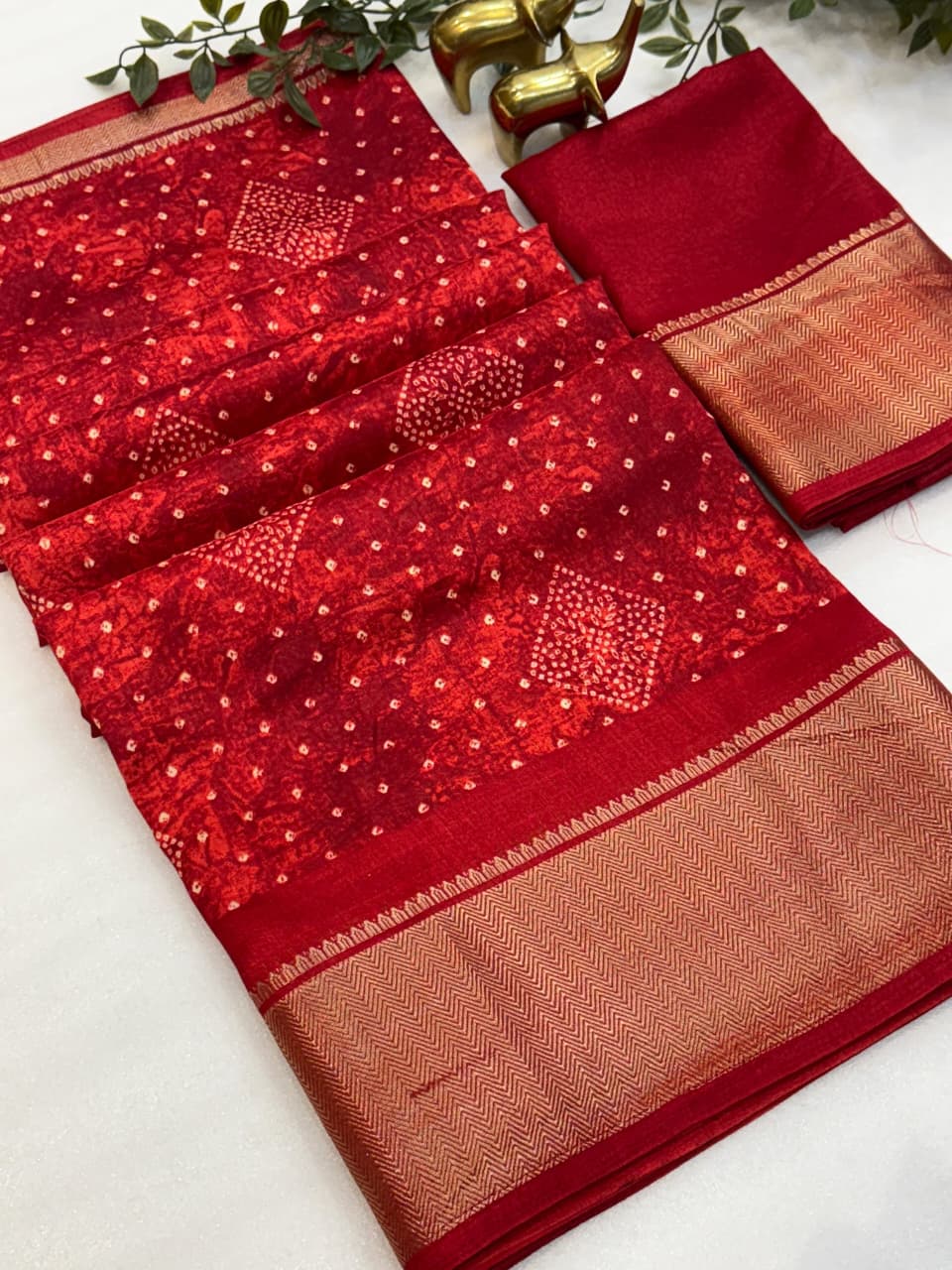 Dola Silk Bandhani Print Saree with Rich Zari Border & Matching Running Blouse – Lightweight Festive Elegance for Boutique Collections
