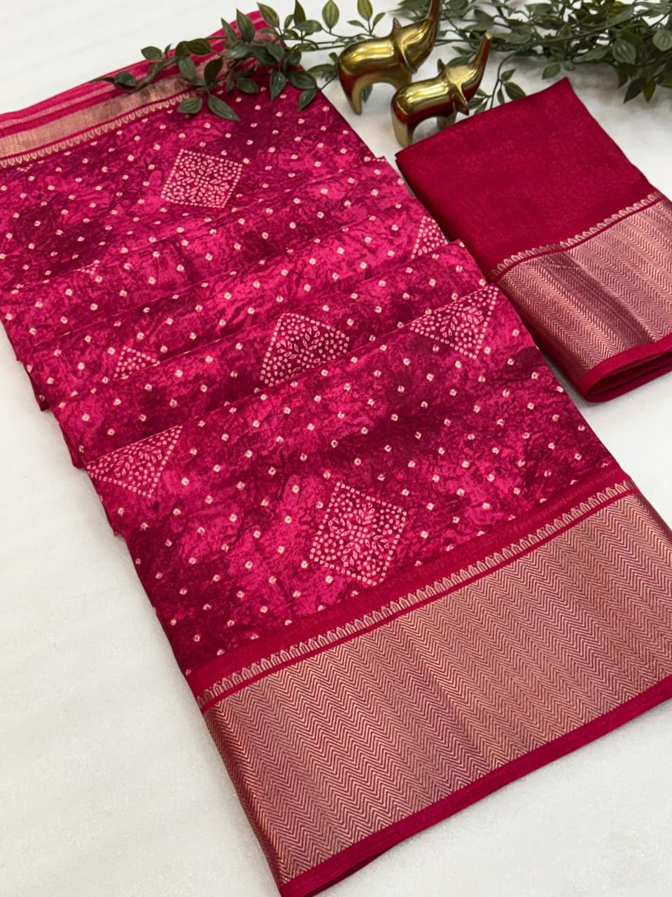 Dola Silk Bandhani Print Saree with Rich Zari Border & Matching Running Blouse – Lightweight Festive Elegance for Boutique Collections