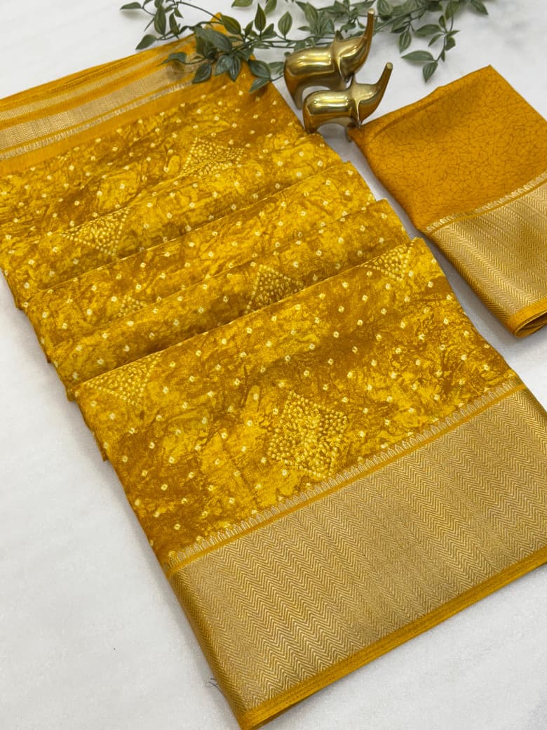 Dola Silk Bandhani Print Saree with Rich Zari Border & Matching Running Blouse – Lightweight Festive Elegance for Boutique Collections