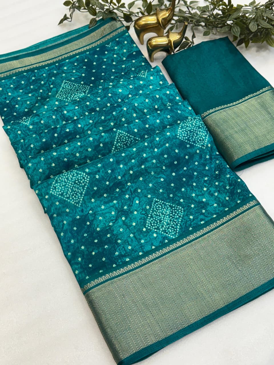 Dola Silk Bandhani Print Saree with Rich Zari Border & Matching Running Blouse – Lightweight Festive Elegance for Boutique Collections