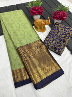 Pure Mercerised Cotton Silk Saree with Exclusive Zari Border & Contrast Blouse – Premium Aura Collection for Everyday Elegance & Boutique Displays