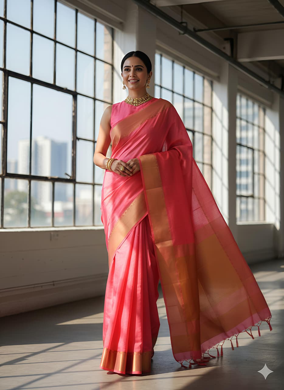 Heavy  maheshwari silk saree with gold jacquard border and gold rich pallu embedded with sequence weave work allover saree with Perfectly matched blouse piece and pallu