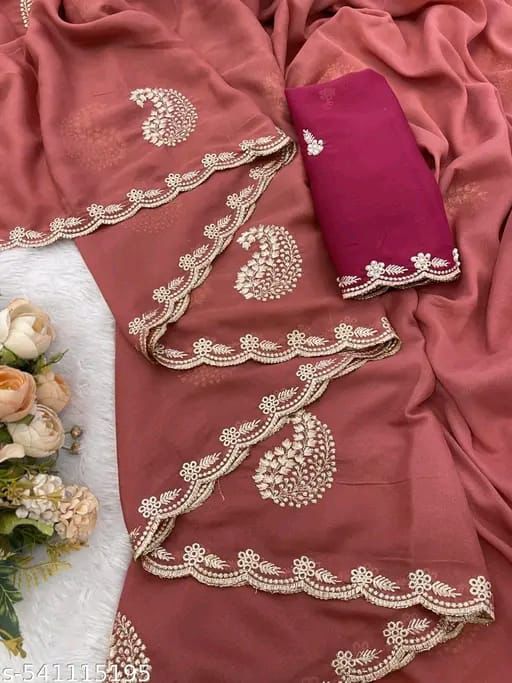 Premium Star Georgette Silk Saree with Embroidery & Scalloped Zari Cutwork Border – Festive & Partywear Collection