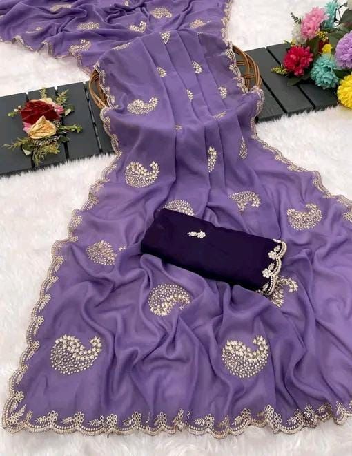 Premium Star Georgette Silk Saree with Embroidery & Scalloped Zari Cutwork Border – Festive & Partywear Collection