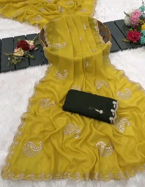 Premium Star Georgette Silk Saree with Embroidery & Scalloped Zari Cutwork Border – Festive & Partywear Collection